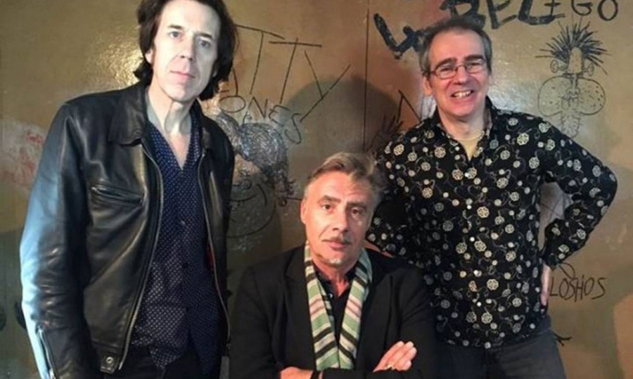 From left: Rupert Orton of The Jim Jones Revue, the Sex Pistols’ Glen Matlock and Henry Scott-Irvine of the Save Tin Pan Alley Campaign, by the Malcolm ‘Muggeridge’ McLaren cartoo